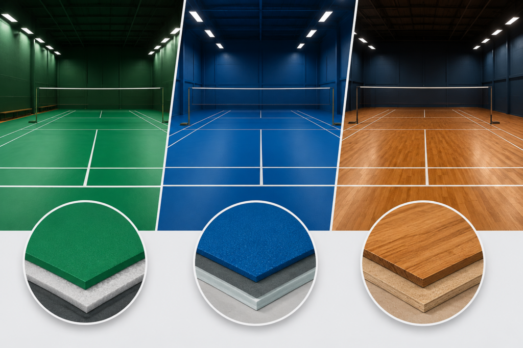 Badminton court flooring comparison showing PVC, acrylic, and wooden flooring surfaces in a professional indoor sports facility