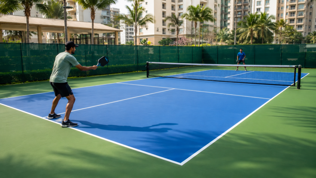 Pickleball court flooring in India with acrylic surface at a residential facility