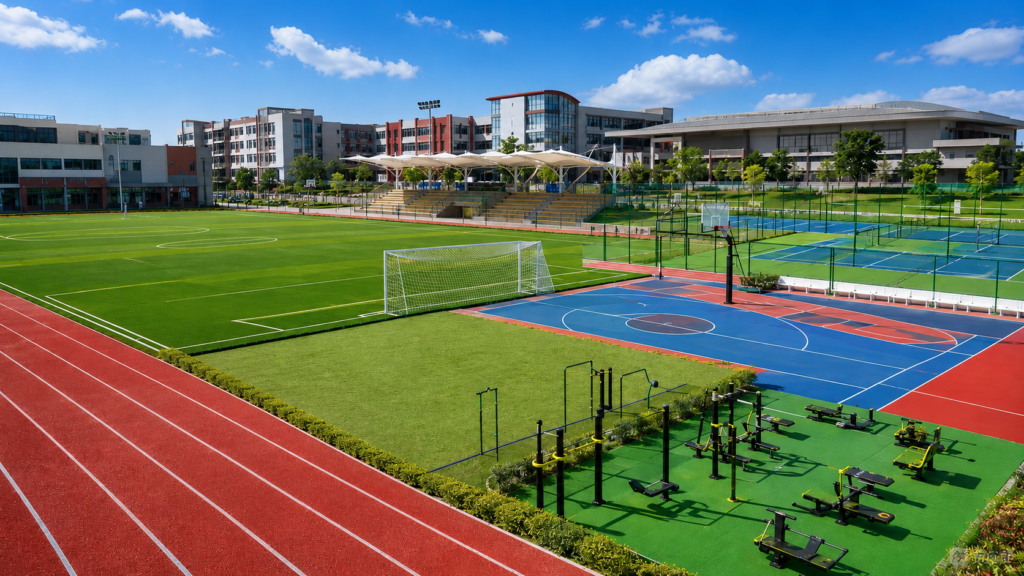 Modern sports infrastructure in India with synthetic running track and sports courts