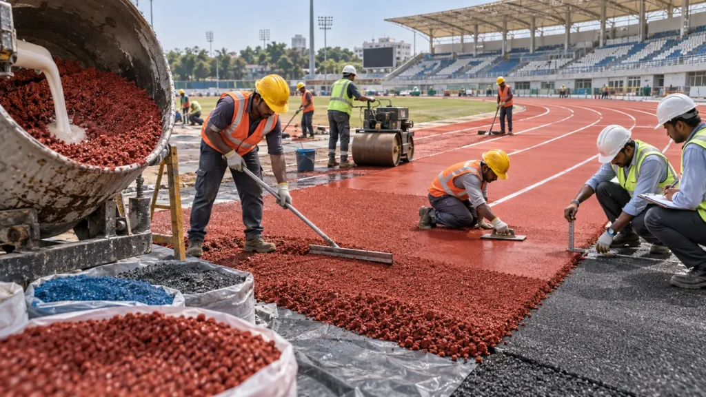 Workers installing EPDM rubber granules on a synthetic running track surface